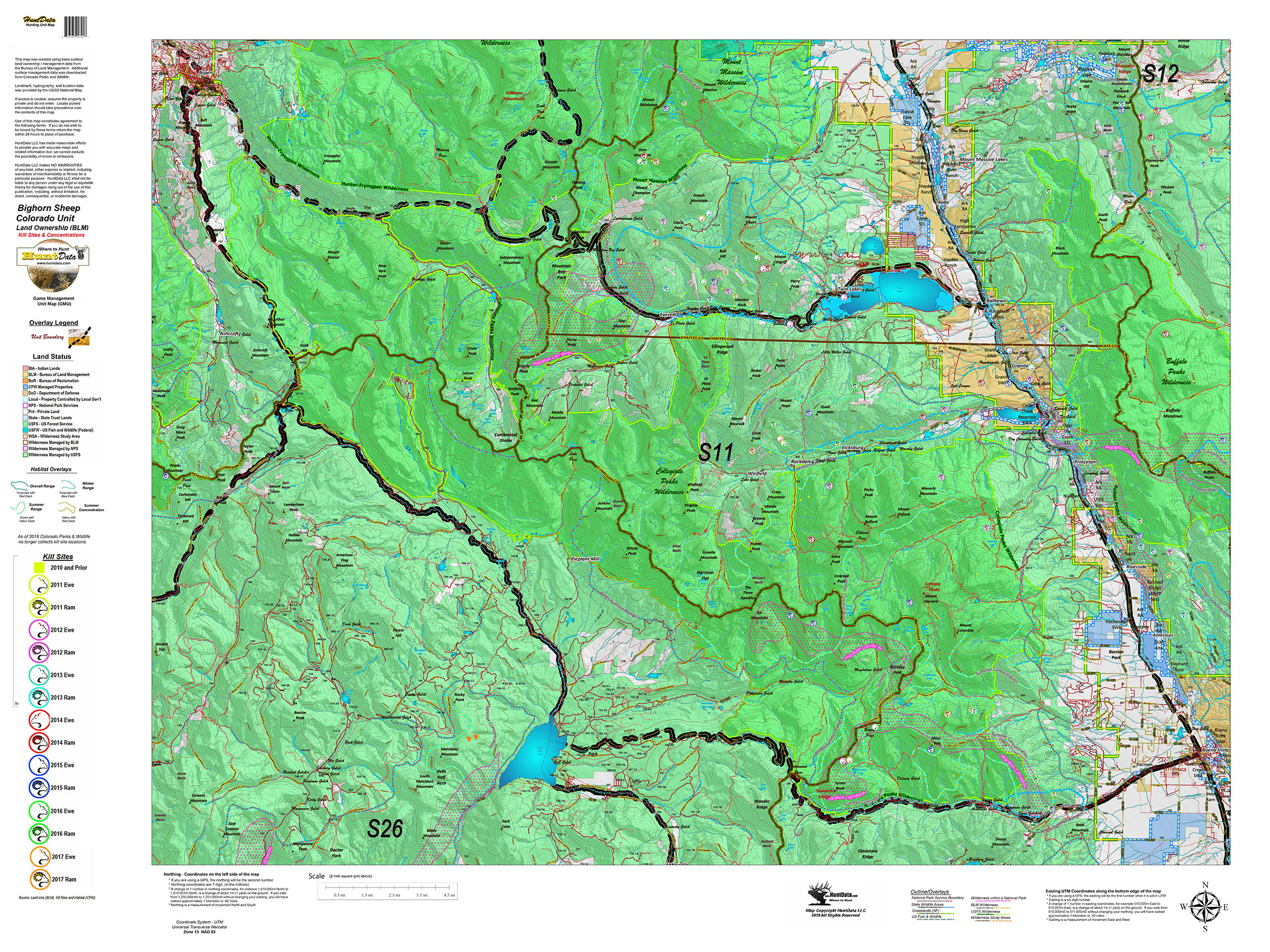 CO Bighorn Sheep Unit Land Ownership Map with Kill Sites and